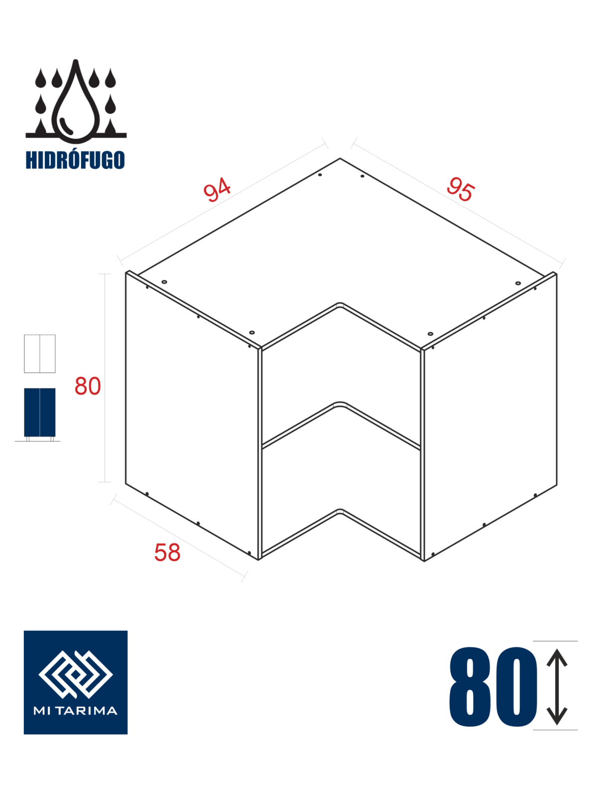 Modulo alto para cocinas, esquinero 63x63, mueble de 80cm a altura blanco  tablero 16mm